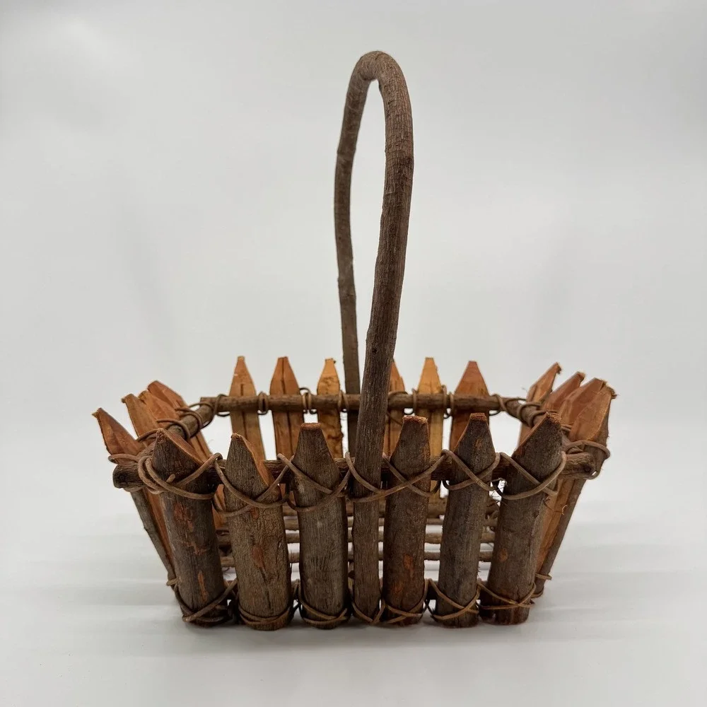 Vtg Rustic Twig Wood Basket Primitive Split Wood Handmade Farmhouse Gathering